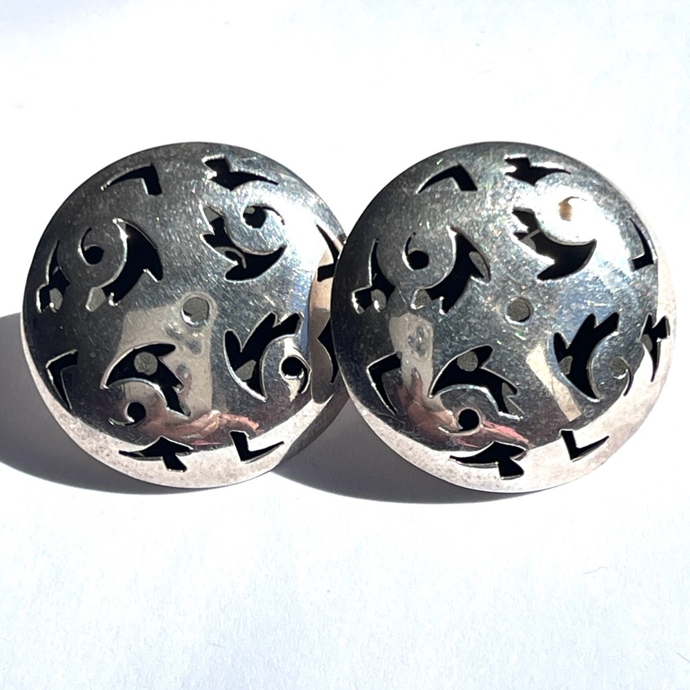 Vintage Taxco Sterling Silver Domed Hollow Pierced Circular Earrings 1.5”
